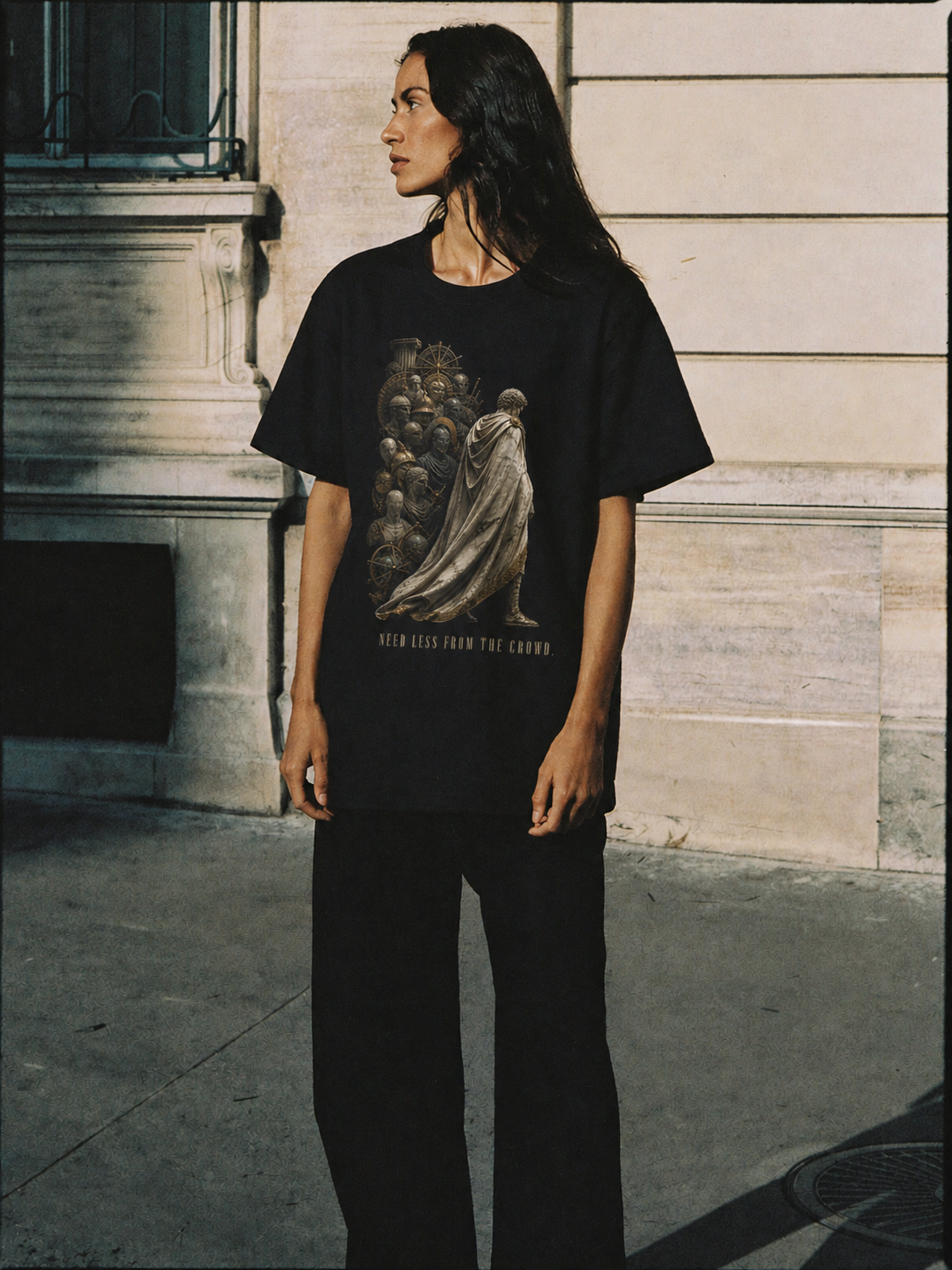 Antisthenes Self-Sufficiency black T-shirt — female Athens lifestyle shot 04