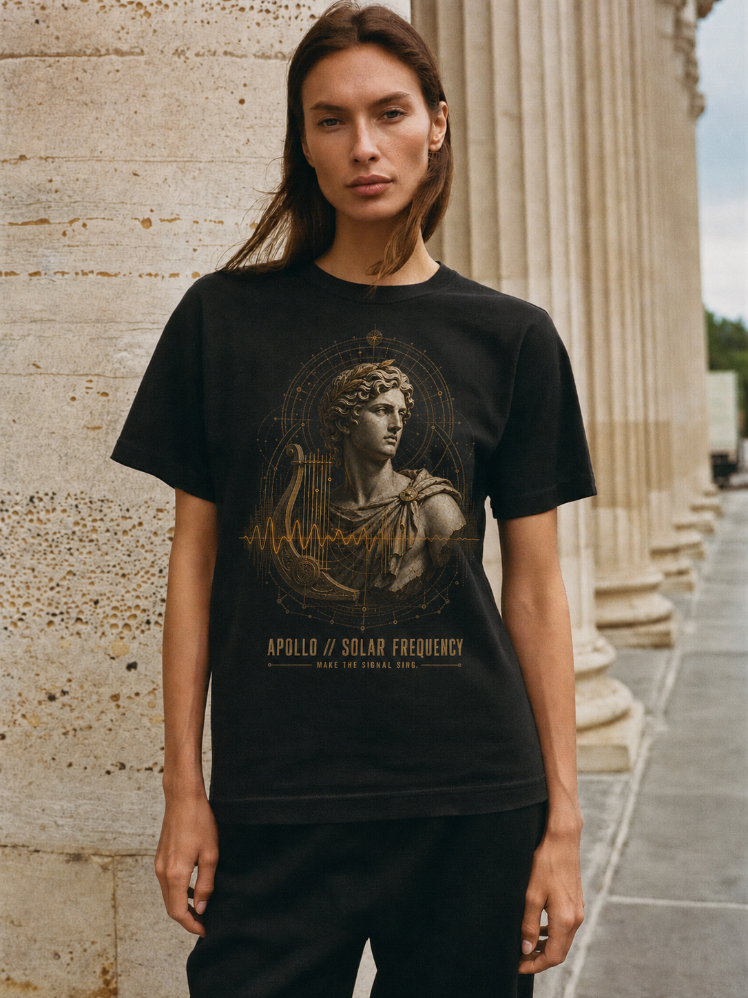 Apollo Solar Frequency black T-shirt — female Athens lifestyle shot 04