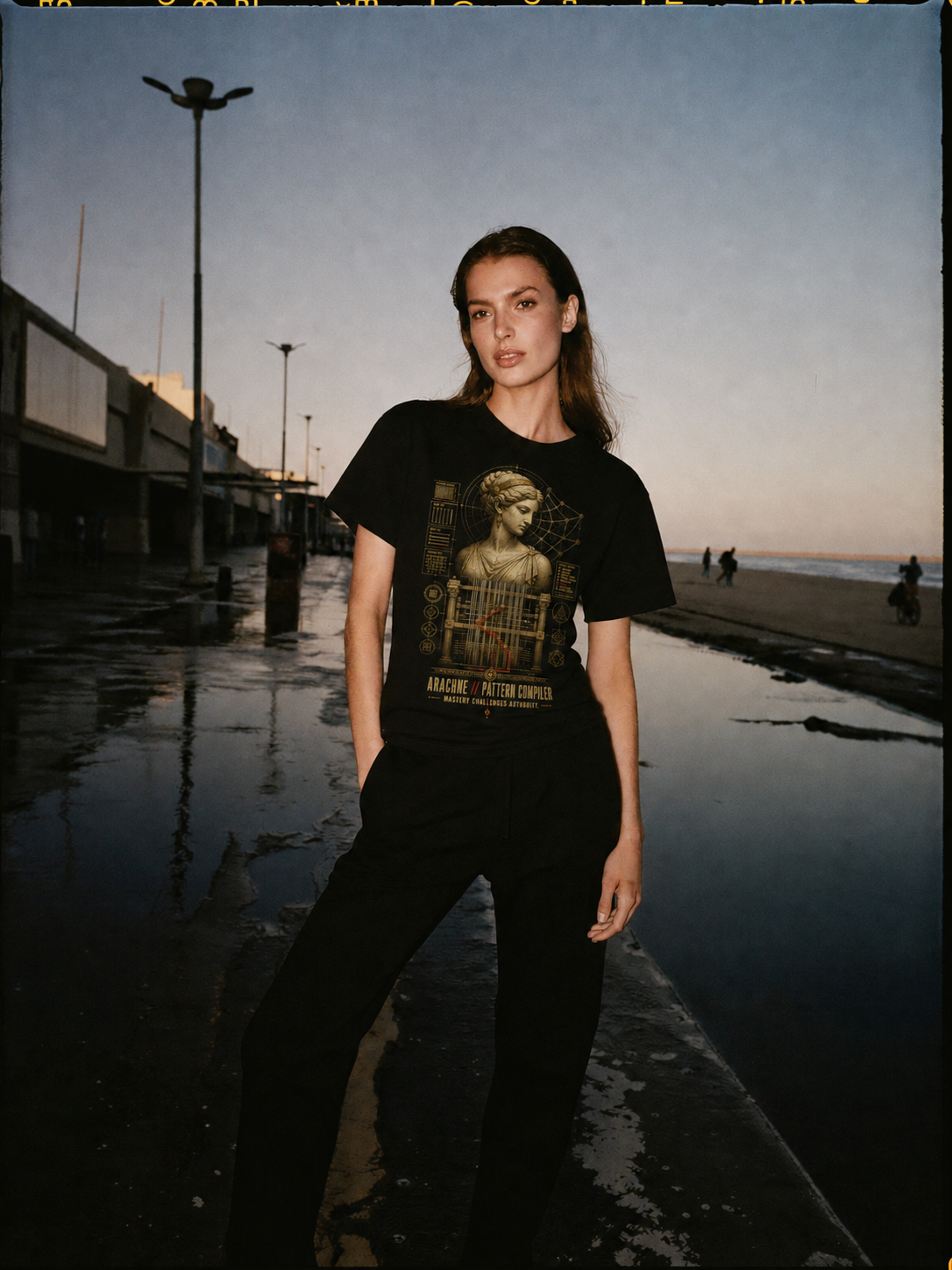Arachne Pattern Compiler black T-shirt — female Athens lifestyle shot 04