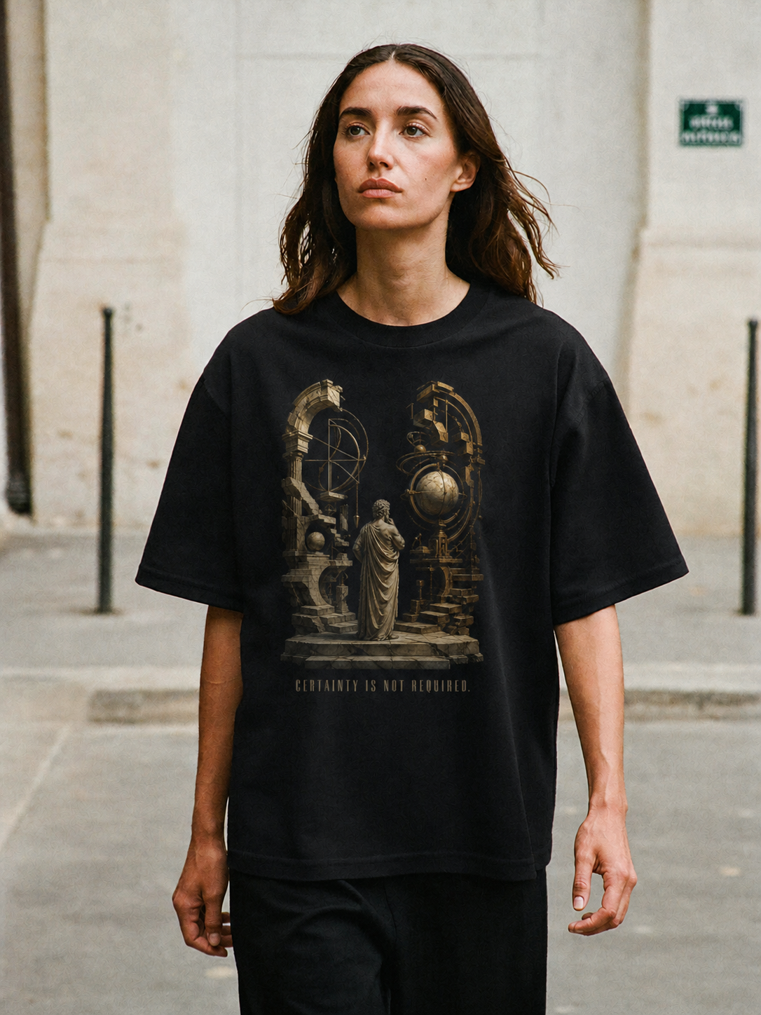Arcesilaus Open Inquiry black T-shirt — female Athens lifestyle shot 04