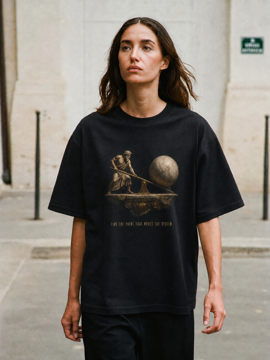 Archimedes Leverage Principle T-Shirt — female lifestyle scene 2 in Athens