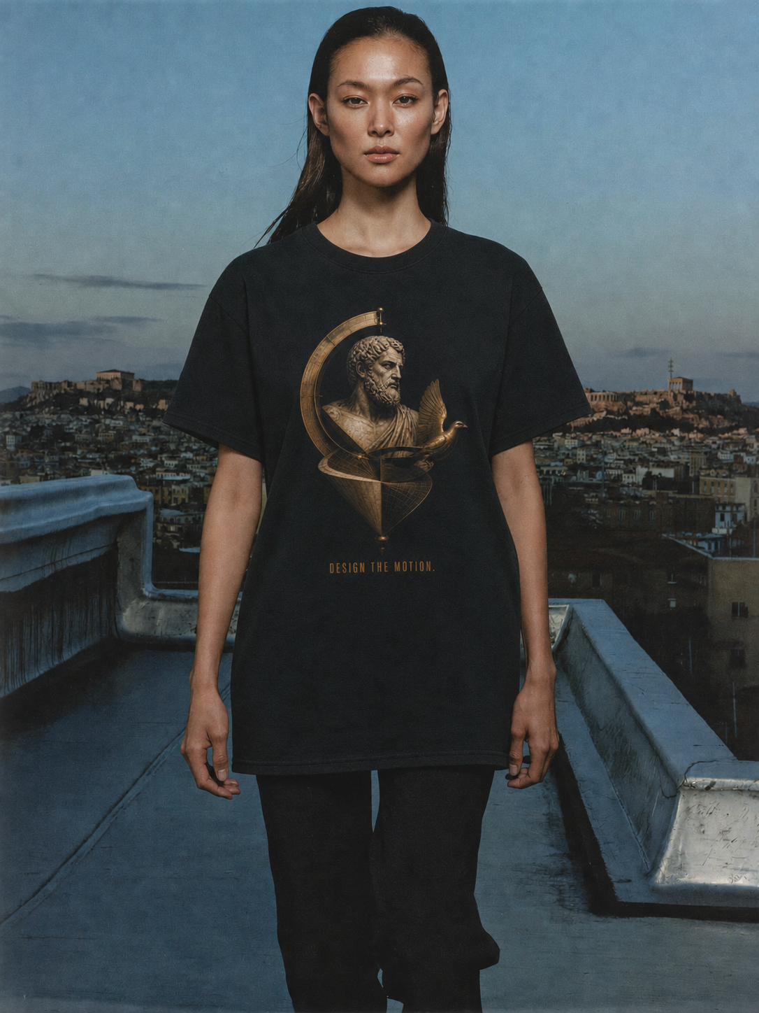 Archytas Motion Geometry T-Shirt — female lifestyle scene 2 in Athens