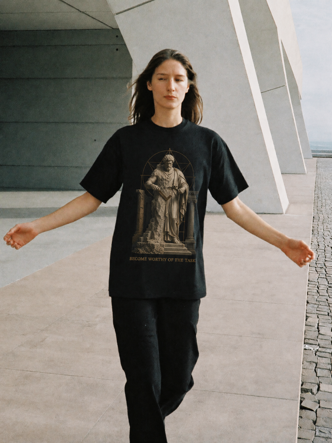 Arete Excellence Standard black T-shirt — female Athens lifestyle shot 04