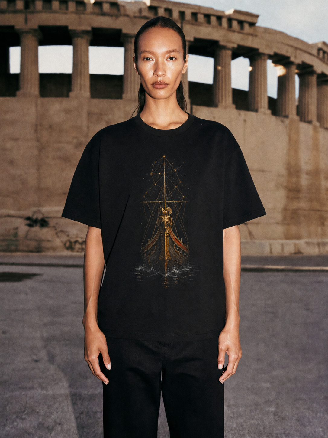 Argo Celestial Hull black T-shirt — female Athens lifestyle shot 04