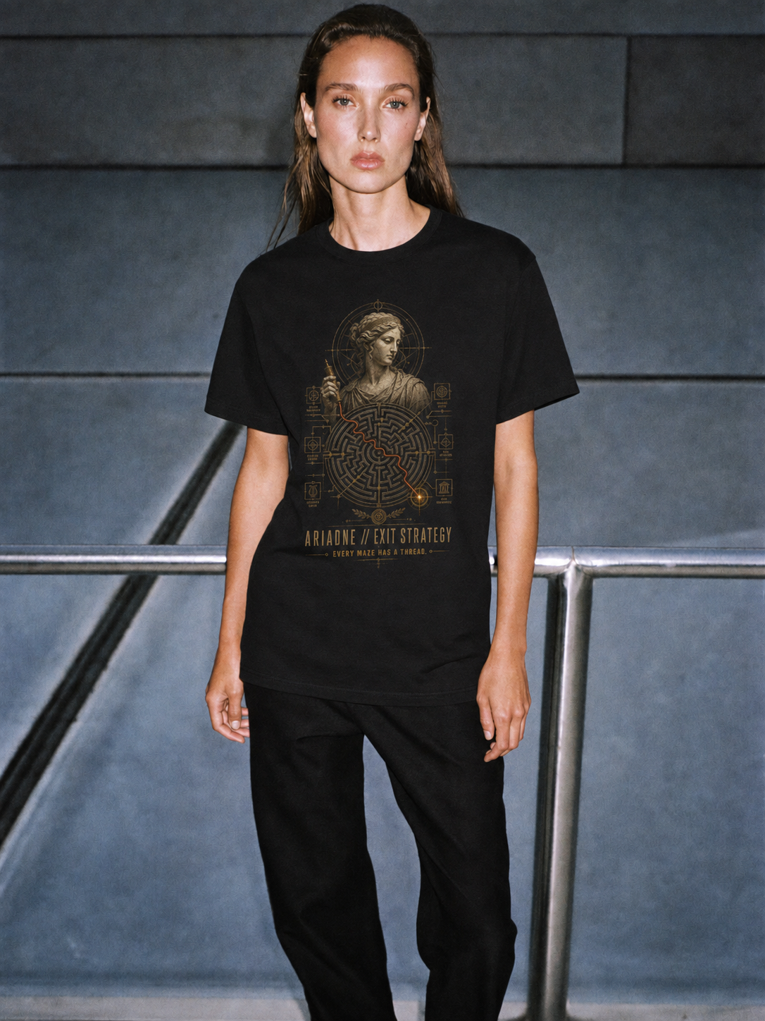 Ariadne Exit Strategy black T-shirt — female Athens lifestyle shot 04