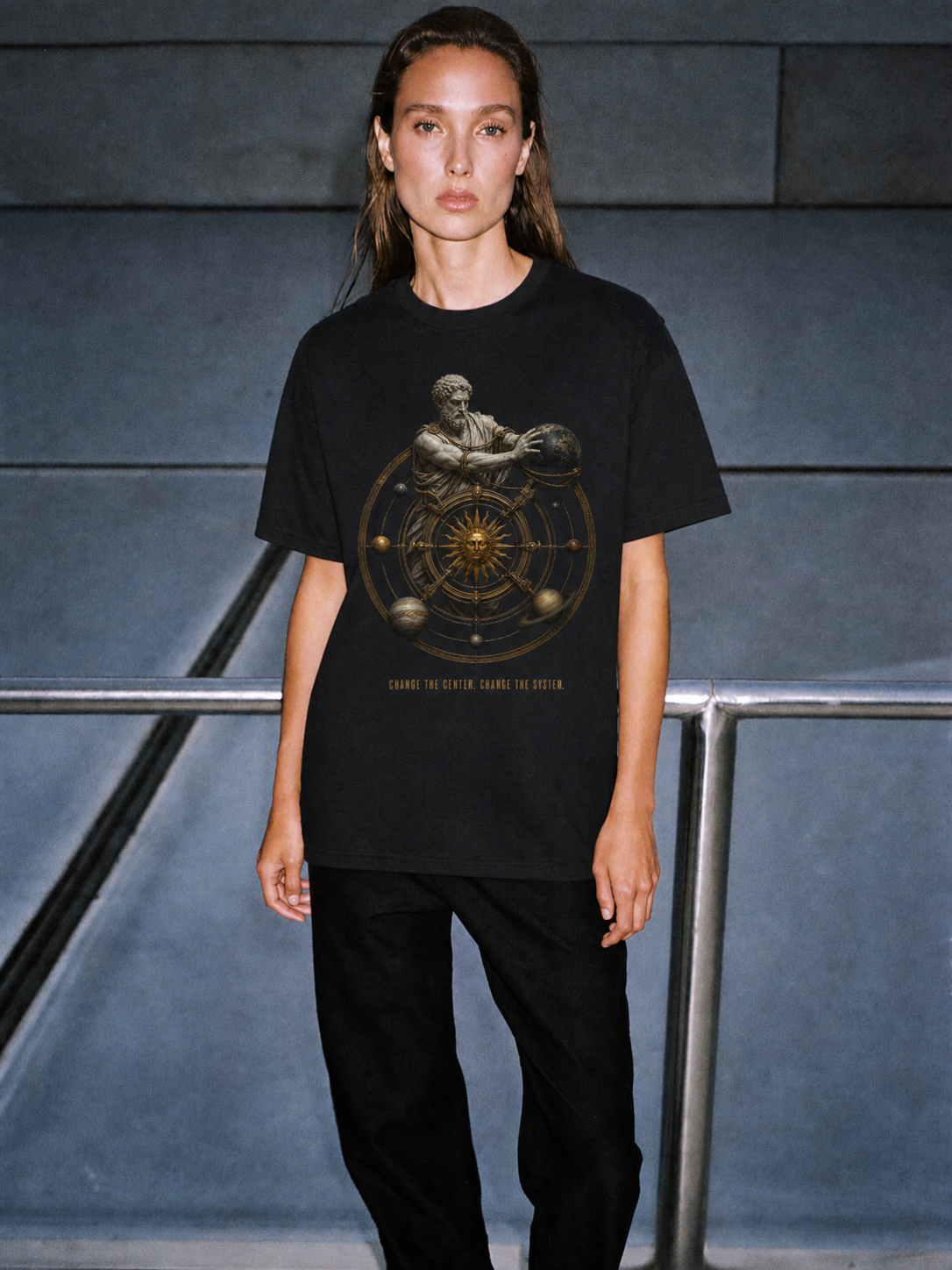 Aristarchus Center Shift T-Shirt — female lifestyle scene 2 in Athens