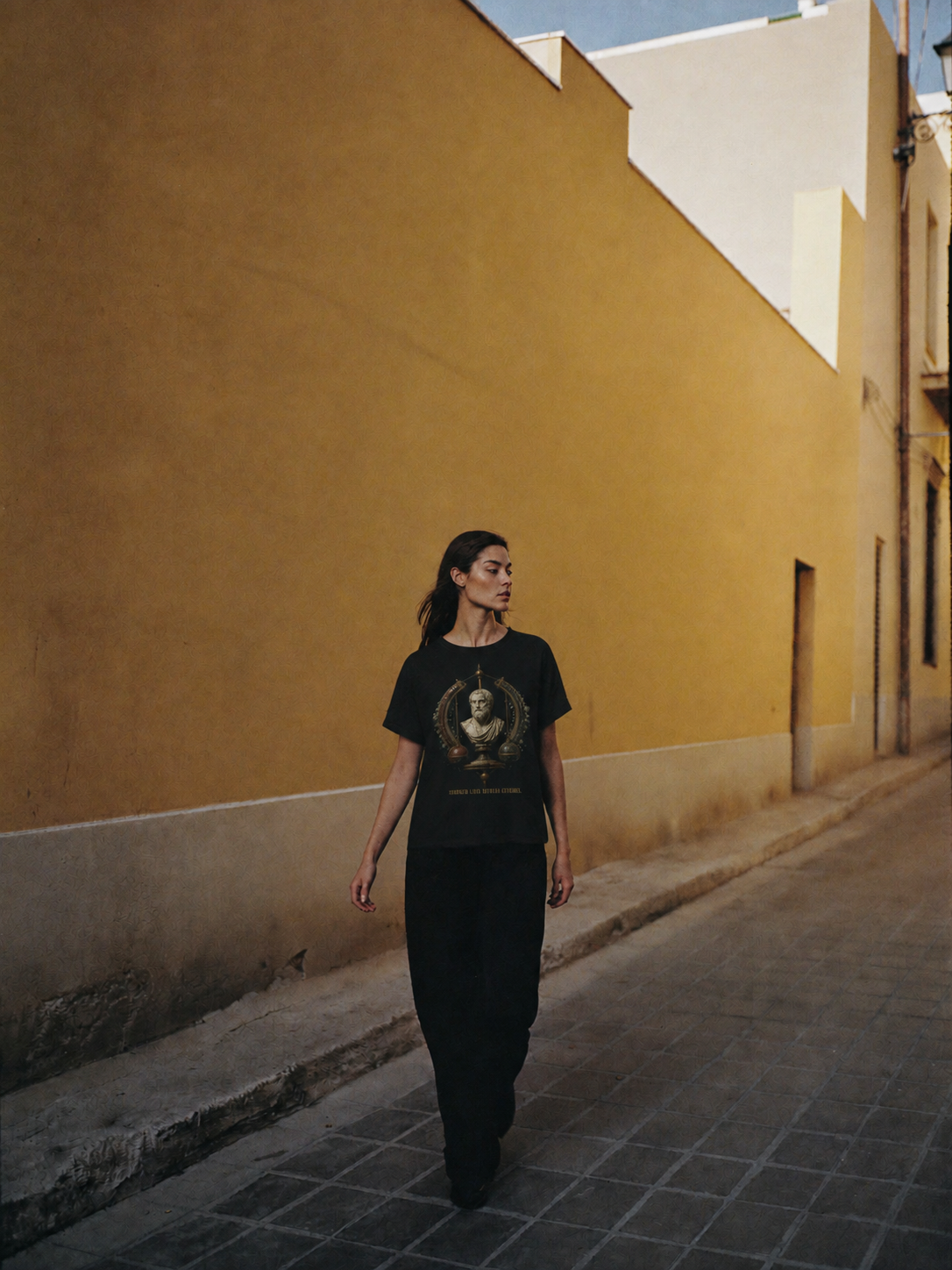 Aristotle Golden Mean black T-shirt — female Athens lifestyle shot 04