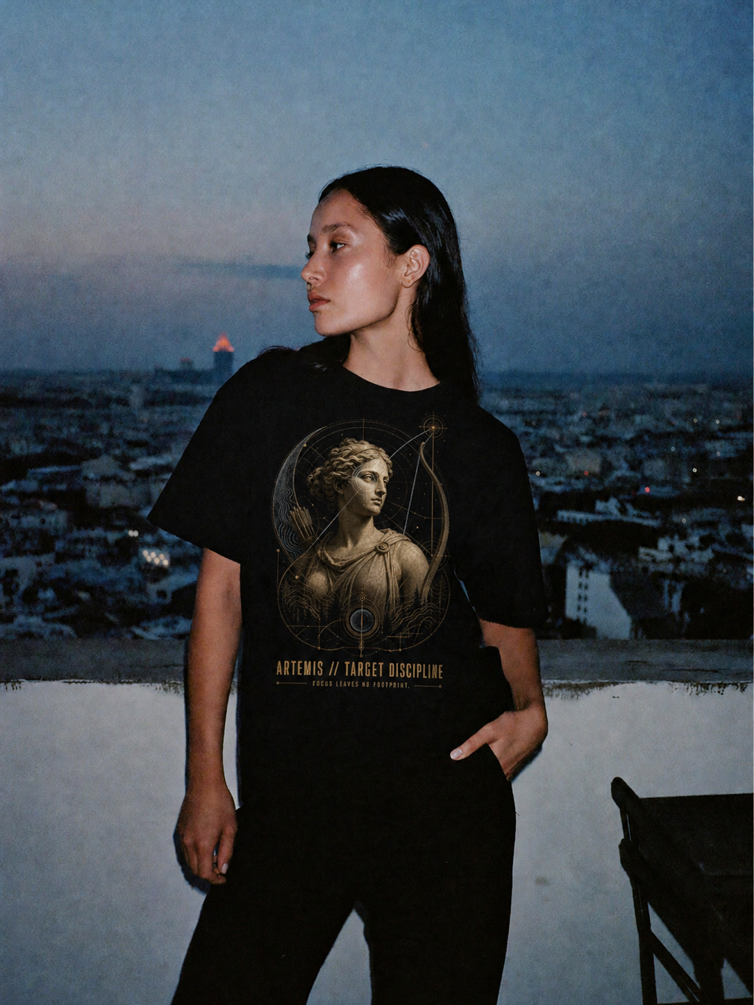 Artemis Target Discipline black T-shirt — female Athens lifestyle shot 04