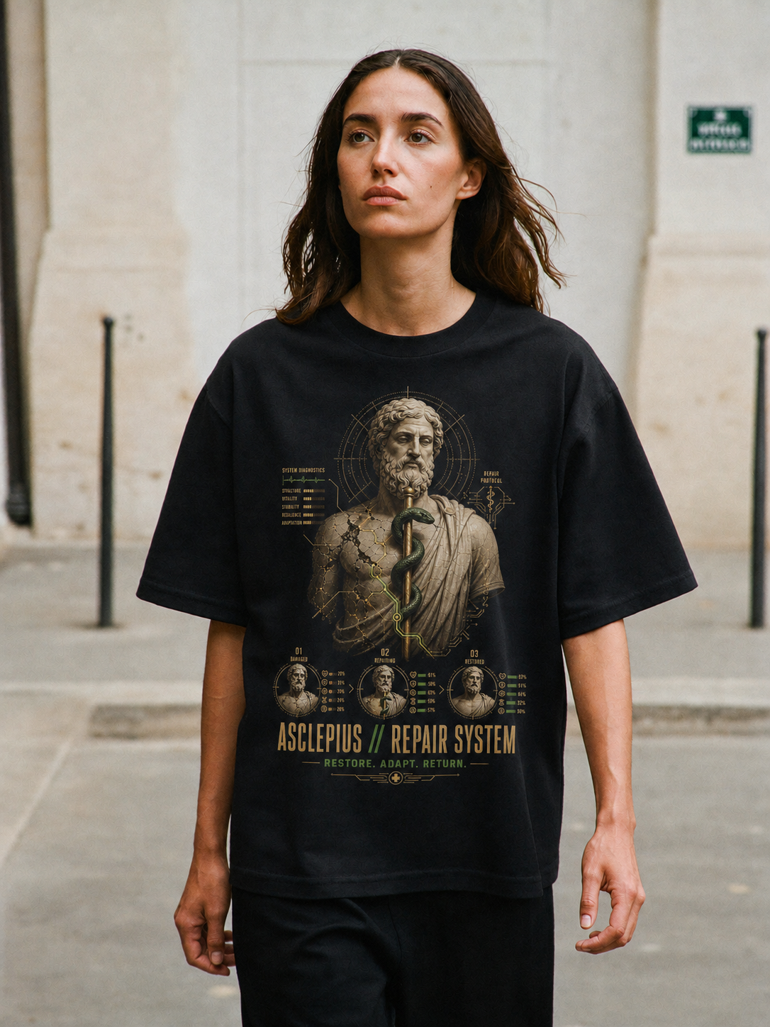 Asclepius Repair System black T-shirt — female Athens lifestyle shot 04