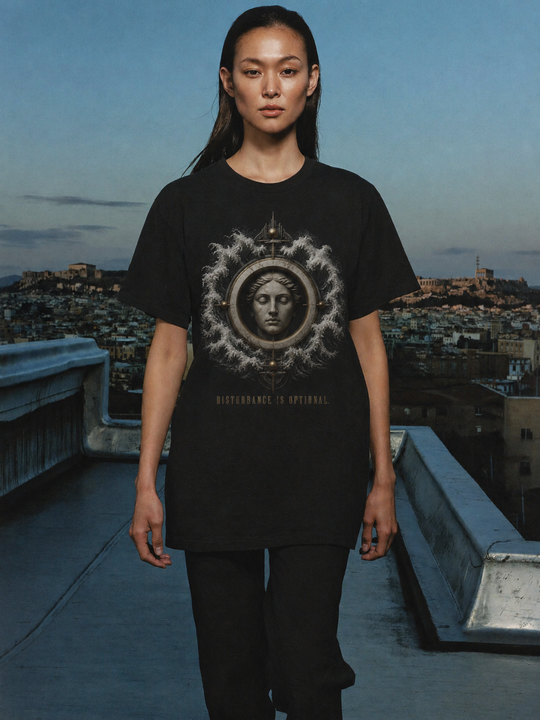 Ataraxia Quiet State black T-shirt — female Athens lifestyle shot 04