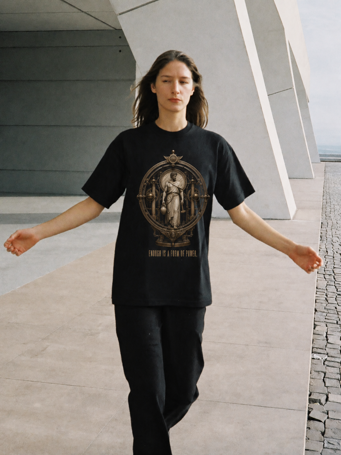 Autarkeia Independent State black T-shirt — female Athens lifestyle shot 04