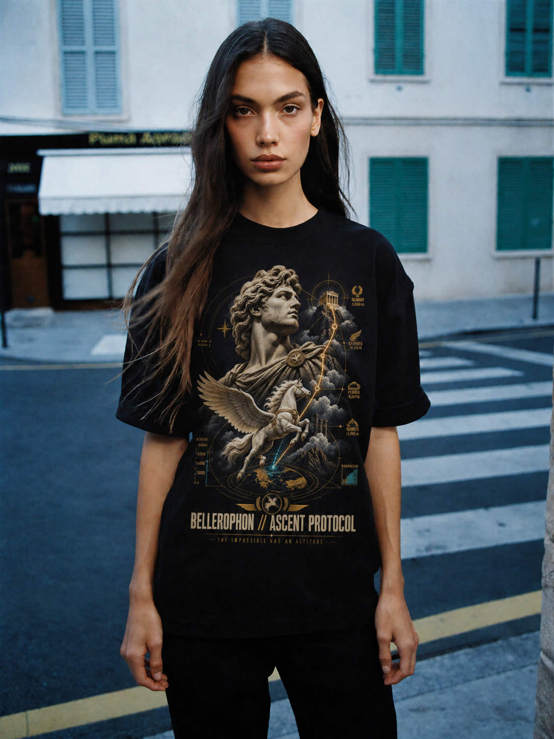 Bellerophon Ascent Protocol black T-shirt — female Athens lifestyle shot 04