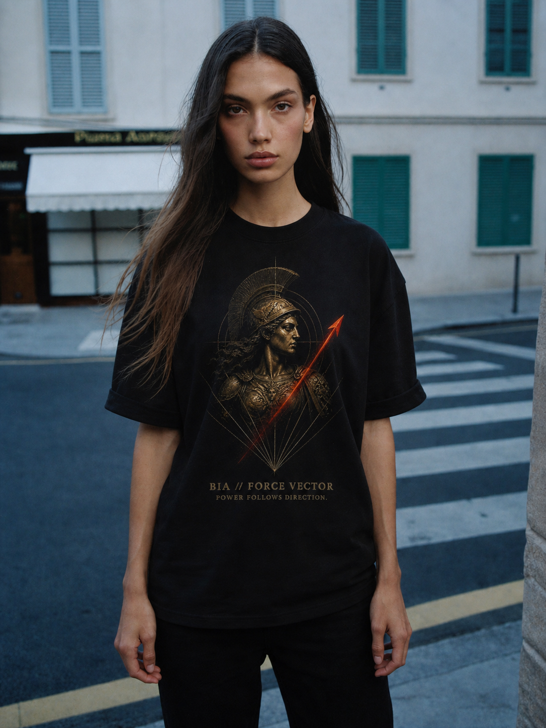 Bia Force Vector black T-shirt — female Athens lifestyle shot 04