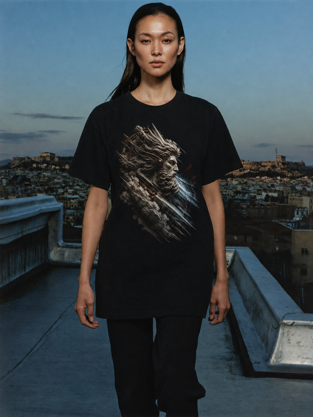Boreas North Current black T-shirt — female Athens lifestyle shot 04