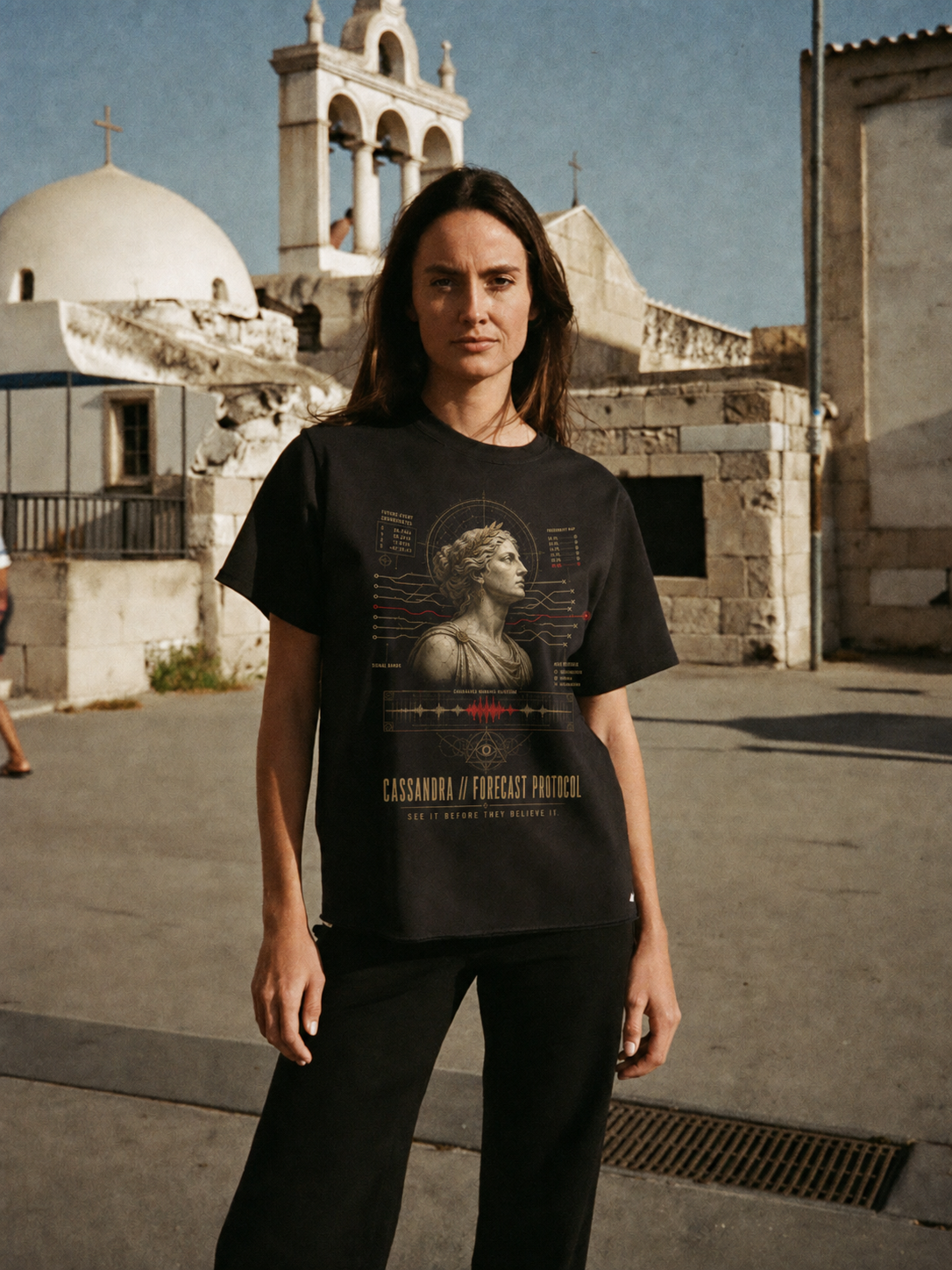 Cassandra Forecast Protocol black T-shirt — female Athens lifestyle shot 04