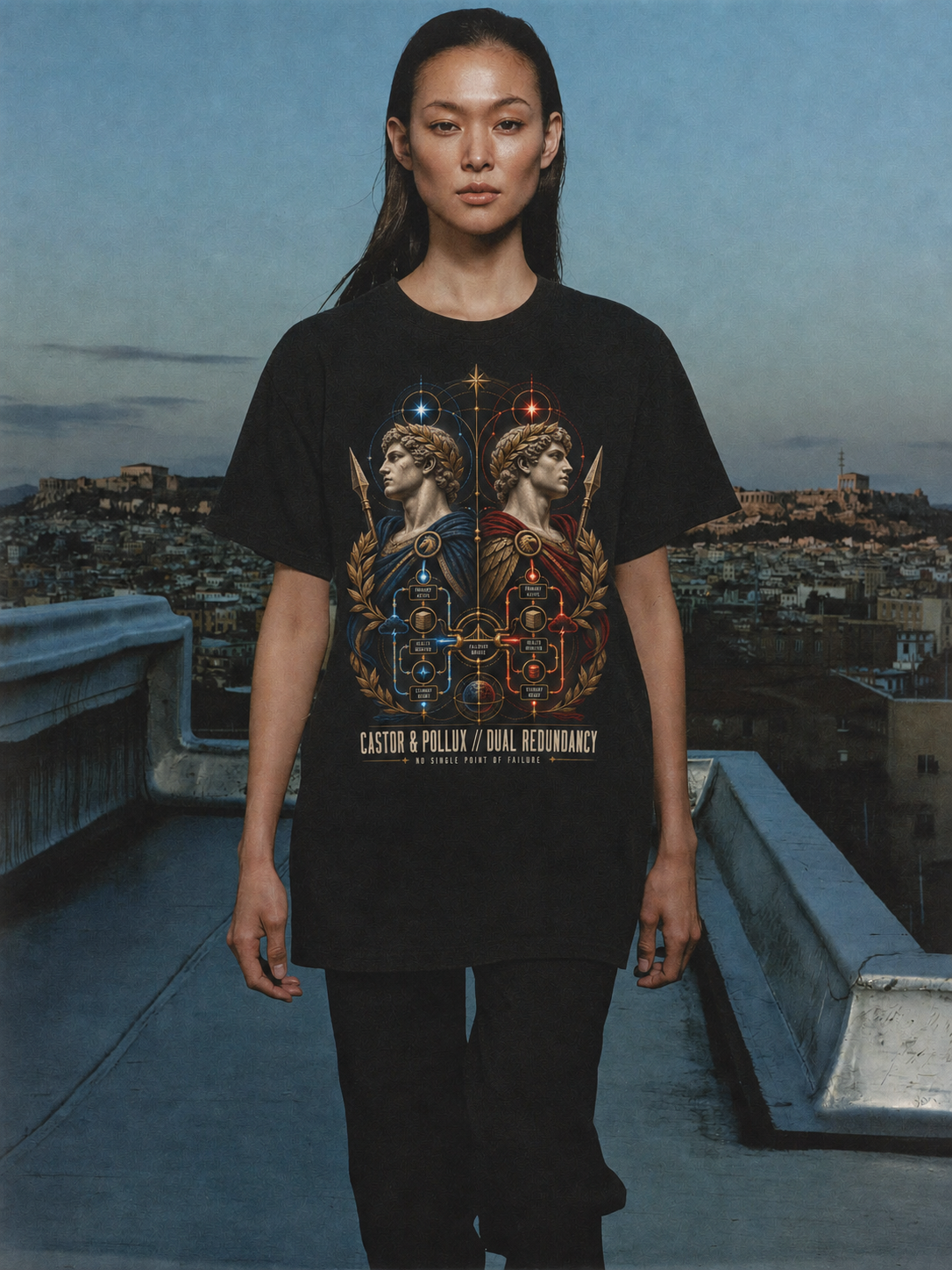 Castor Pollux Dual Redundancy black T-shirt — female Athens lifestyle shot 04
