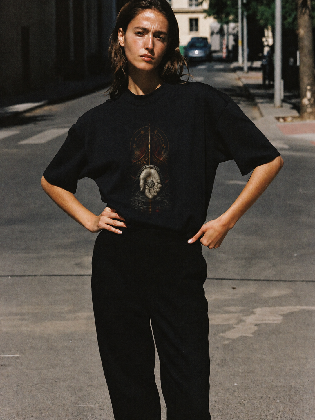 Charon's Obol black T-shirt — female Athens lifestyle shot 04