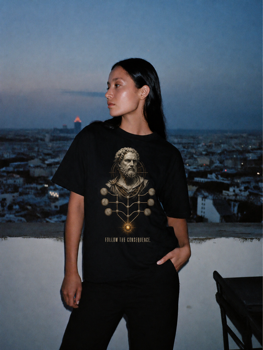 Chrysippus Logic Mesh black T-shirt — female Athens lifestyle shot 04