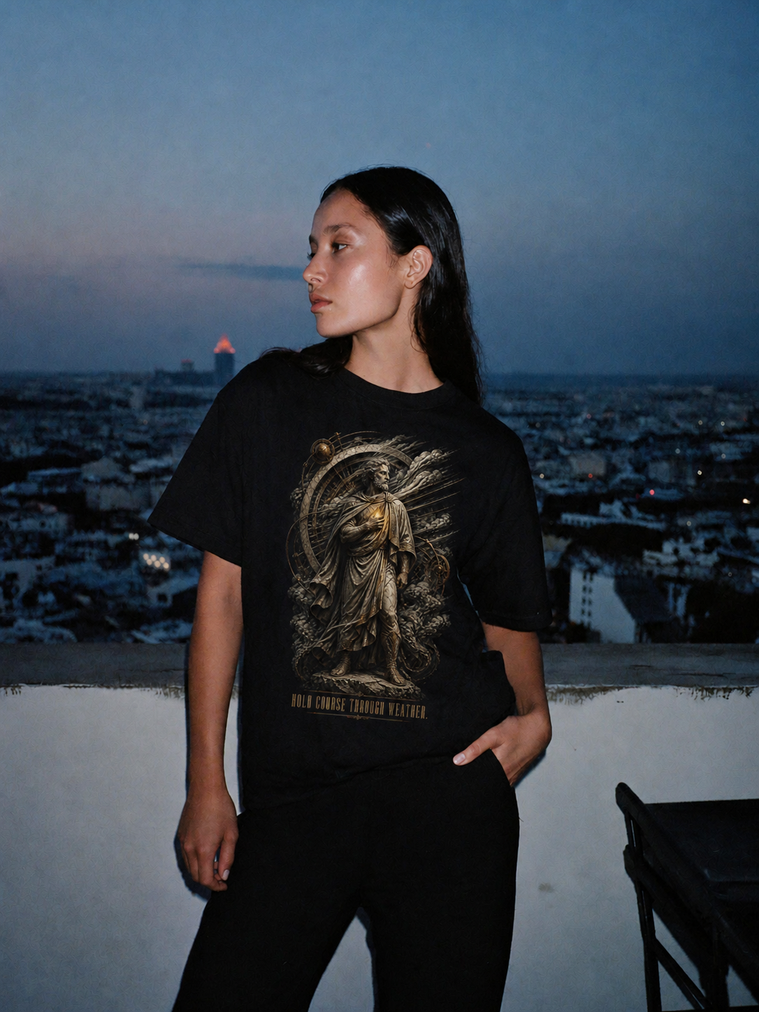 Cleanthes Inner Fire black T-shirt — female Athens lifestyle shot 04