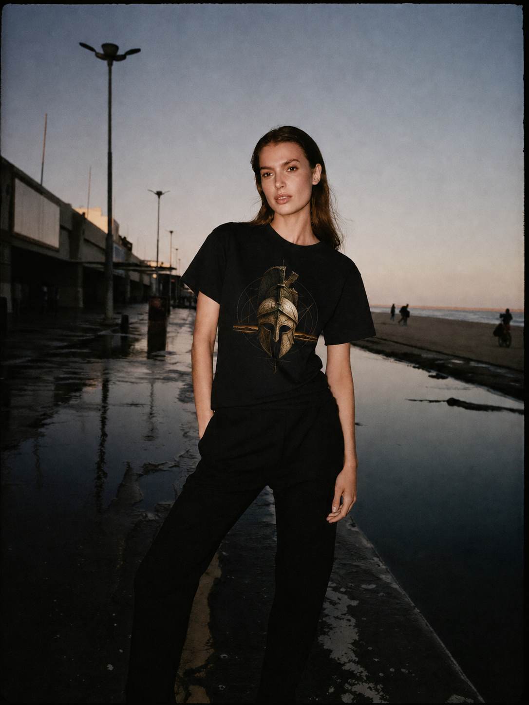 Corinthian Sentinel black T-shirt — female Athens lifestyle shot 04
