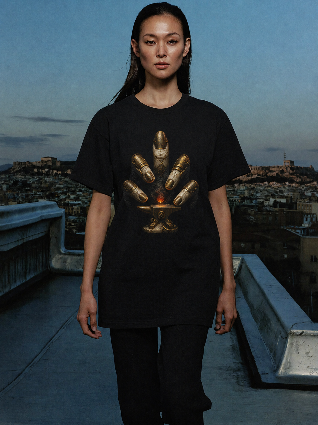 Cretan Dactyl Hand Forge black T-shirt — female Athens lifestyle shot 04