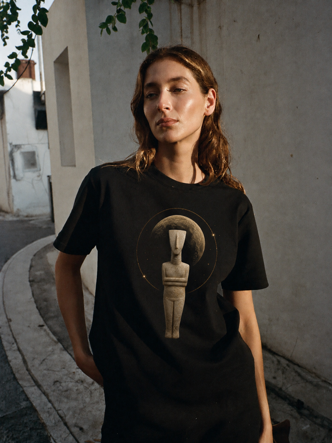 Cycladic Star Figure black T-shirt — female Athens lifestyle shot 04