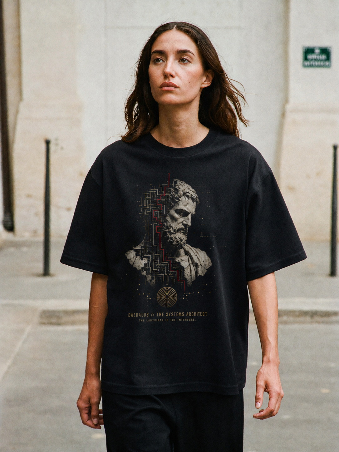 Daedalus Systems Architect black T-shirt — female Athens ImageGen lifestyle view 2