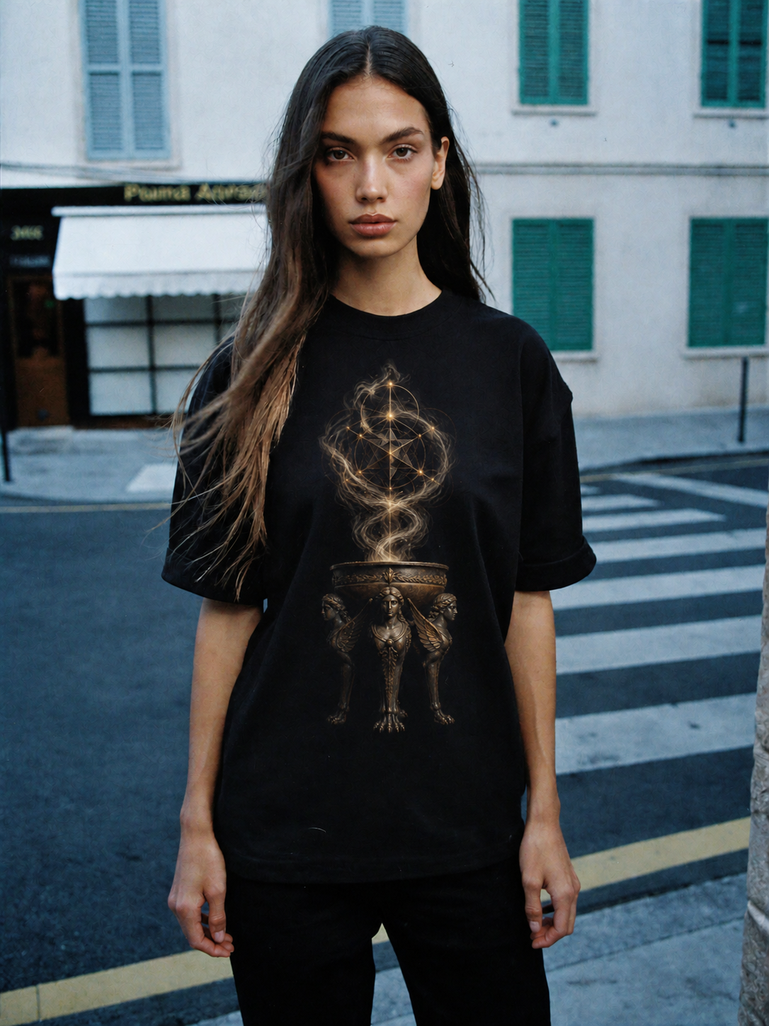 Delphic Tripod black T-shirt — female Athens lifestyle shot 04