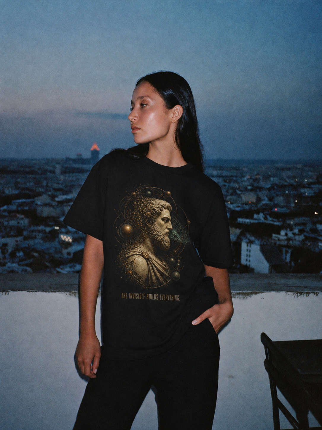 Democritus Atomic Field black T-shirt — female Athens lifestyle shot 04