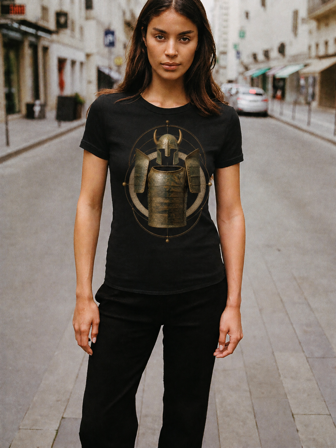 Dendra Bronze Shell black T-shirt — female Athens lifestyle shot 04