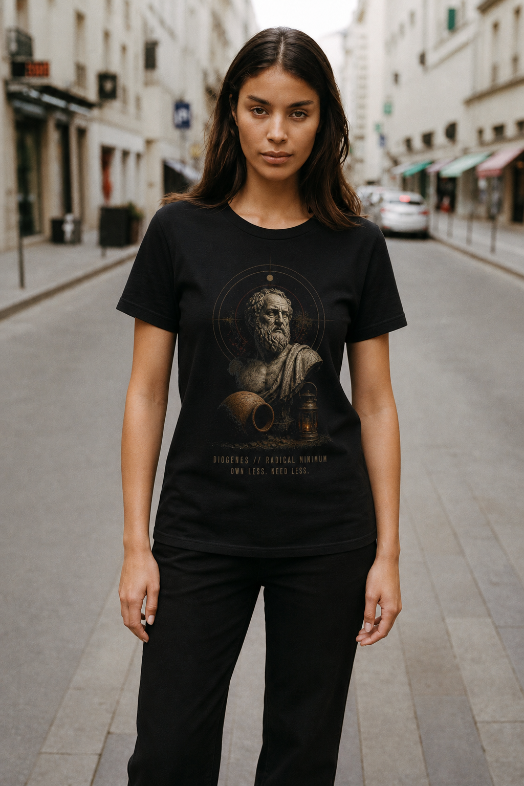 Diogenes Radical Minimum black T-shirt — female Athens lifestyle shot 04