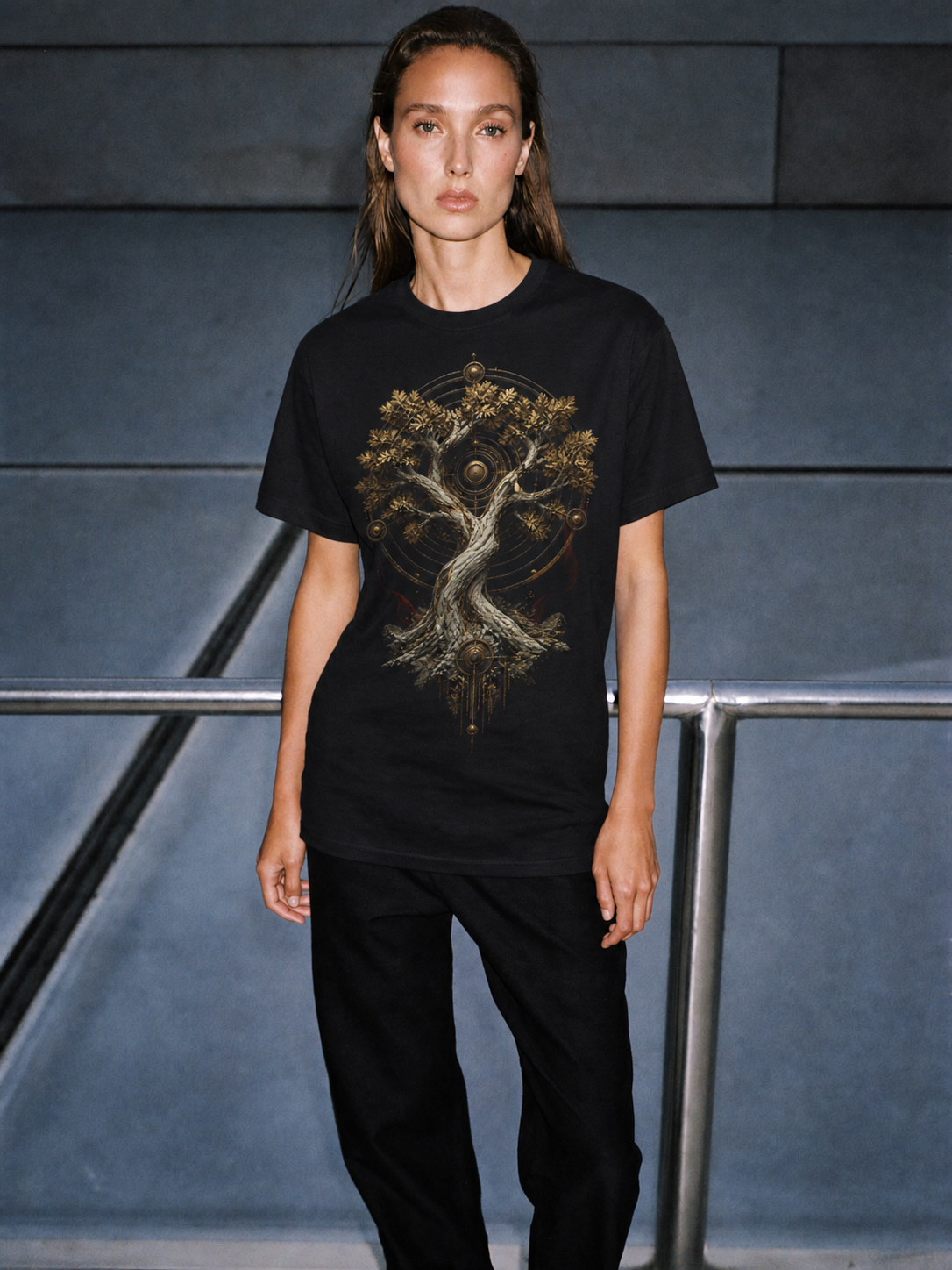 Dodona Sacred Oak black T-shirt — female Athens lifestyle shot 04