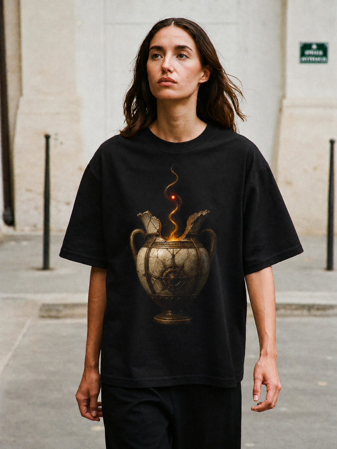 Elpis Last Ember black T-shirt — female Athens lifestyle shot 04