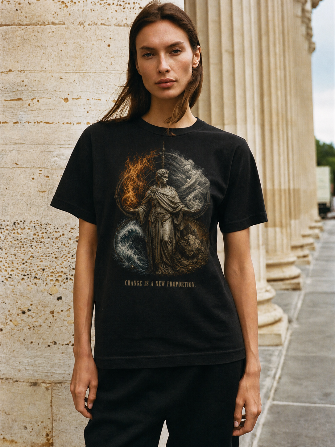 Empedocles Four Roots black T-shirt — female Athens lifestyle shot 04