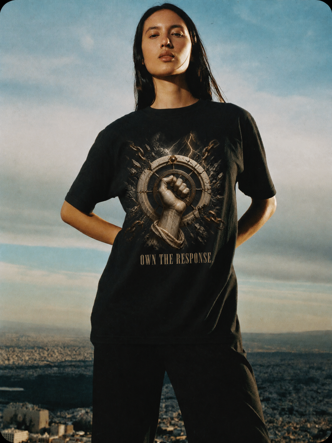 Epictetus Control Boundary black T-shirt — female Athens lifestyle shot 04