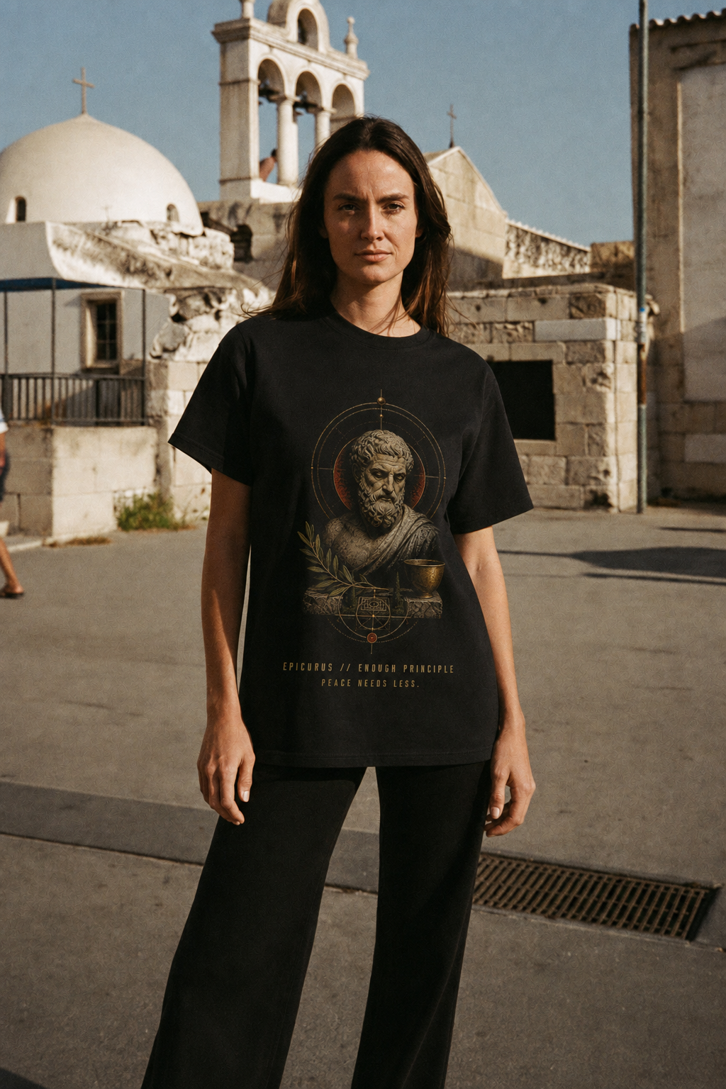 Epicurus Enough Principle black T-shirt — female Athens lifestyle shot 04
