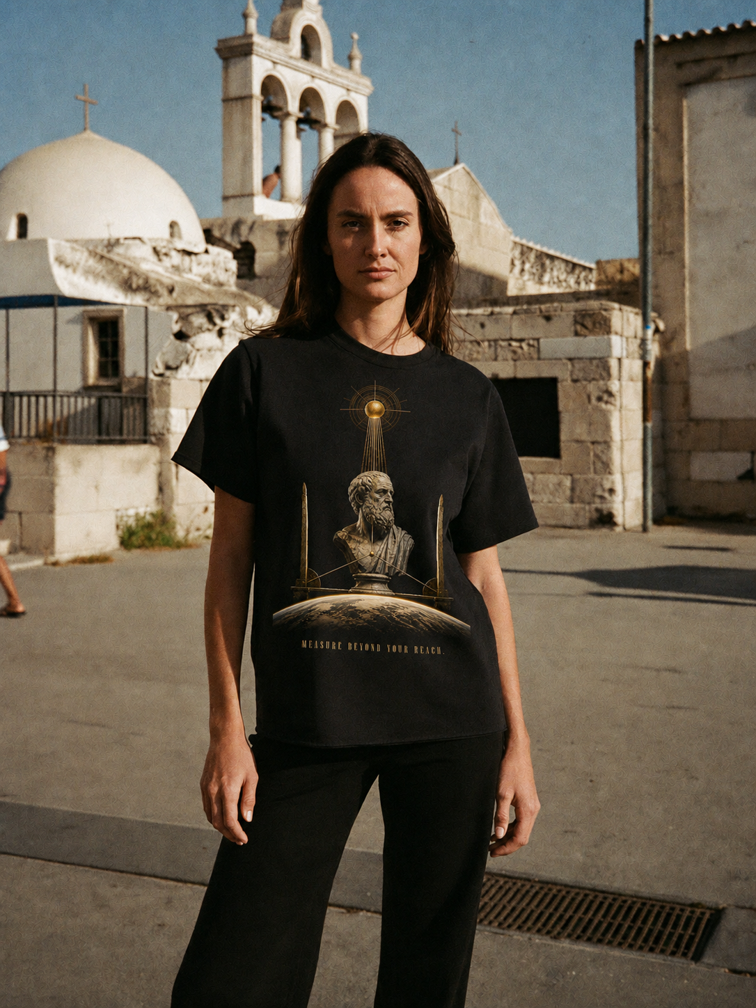 Eratosthenes Shadow Measure T-Shirt — female lifestyle scene 2 in Athens