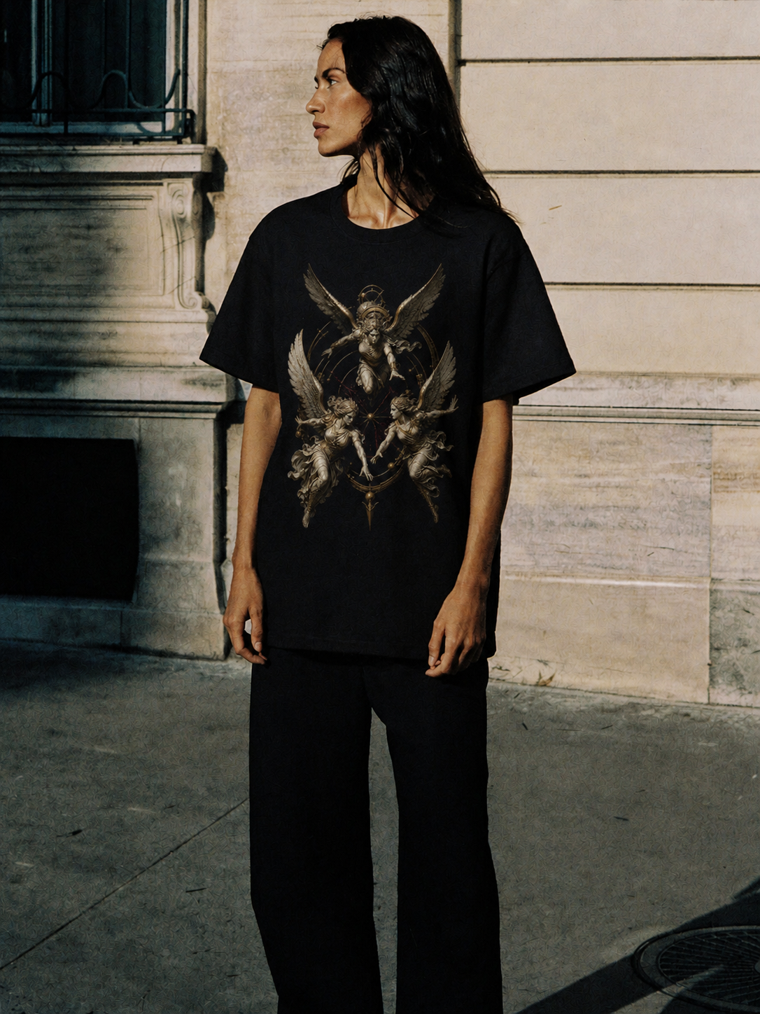 Erinyes Triple Pursuit black T-shirt — female Athens lifestyle shot 04