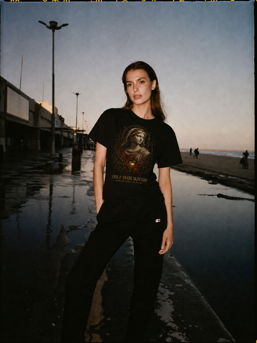 Eris Chaos Injection black T-shirt — female Athens lifestyle shot 04