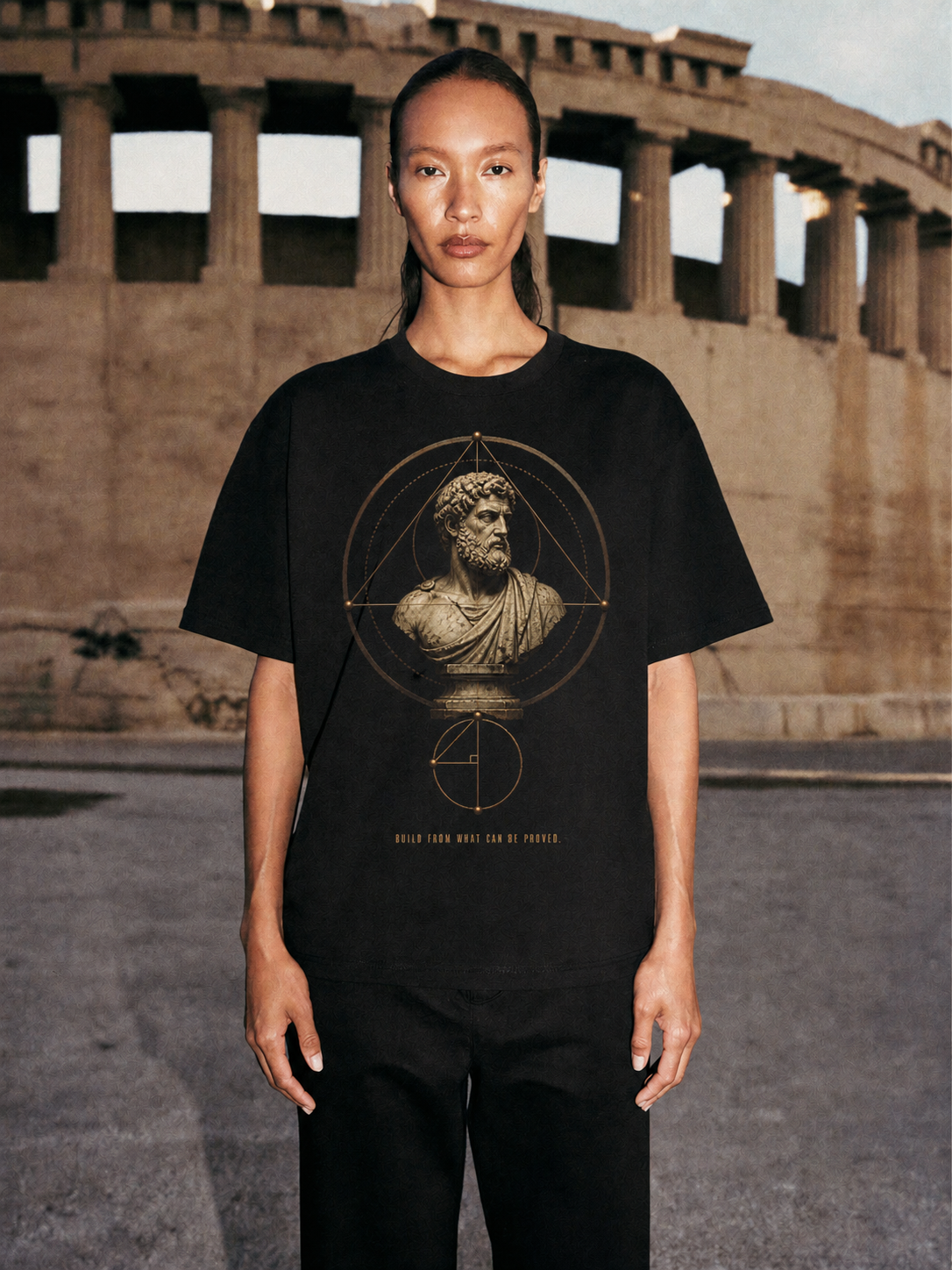 Euclid Proof Architecture T-Shirt — female lifestyle scene 2 in Athens
