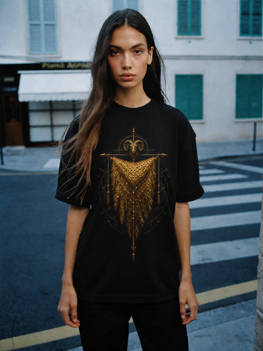 Golden Fleece Relic black T-shirt — female Athens lifestyle shot 04