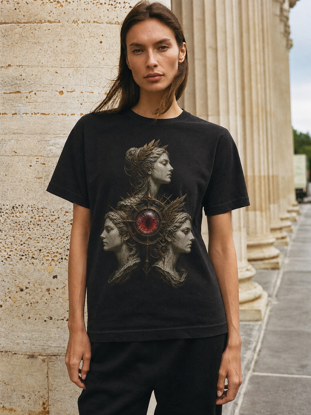 Graeae Shared Eye black T-shirt — female Athens lifestyle shot 04