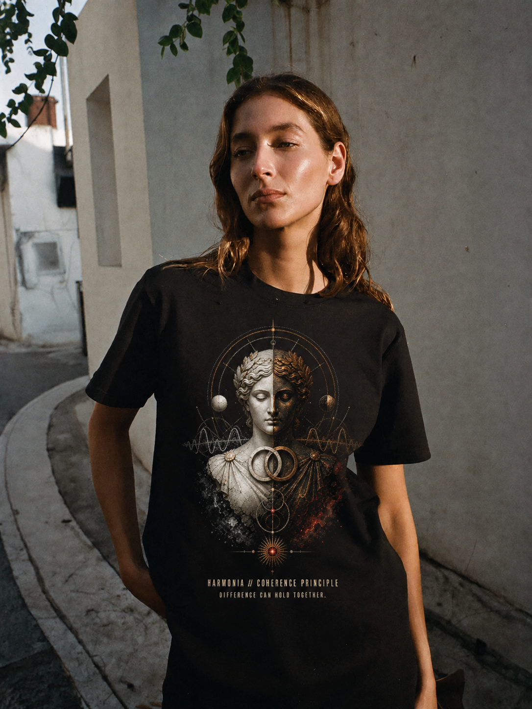 Harmonia Coherence Principle black T-shirt — female Athens lifestyle shot 04