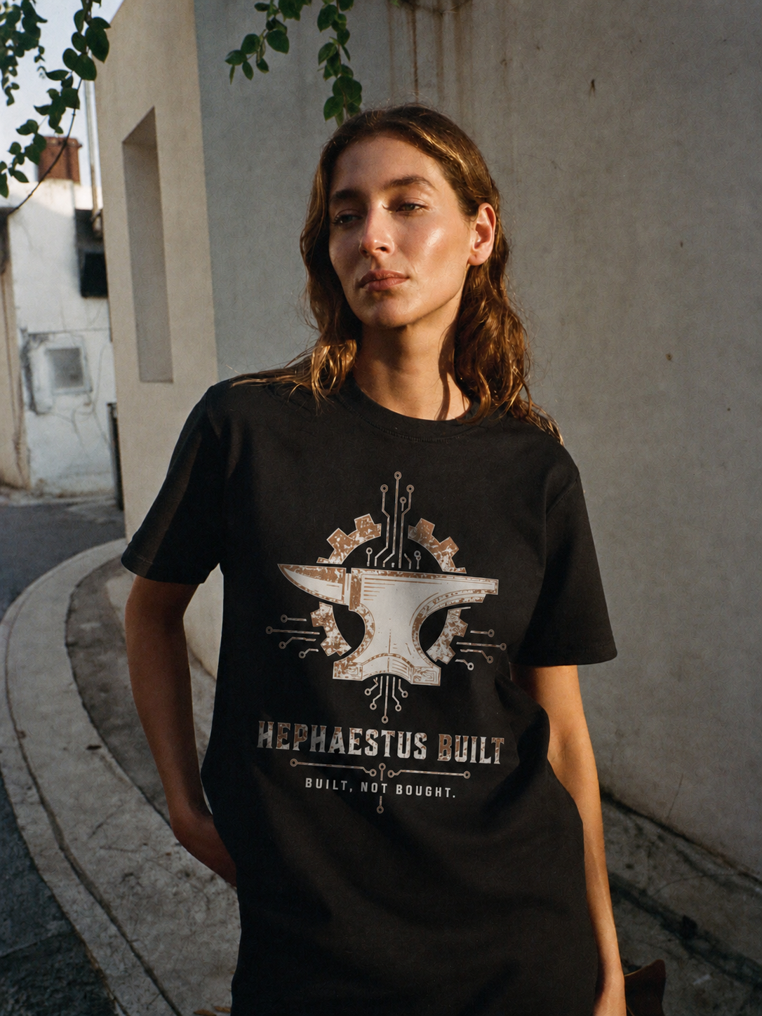 Hephaestus Built black T-shirt — female Athens lifestyle view 2