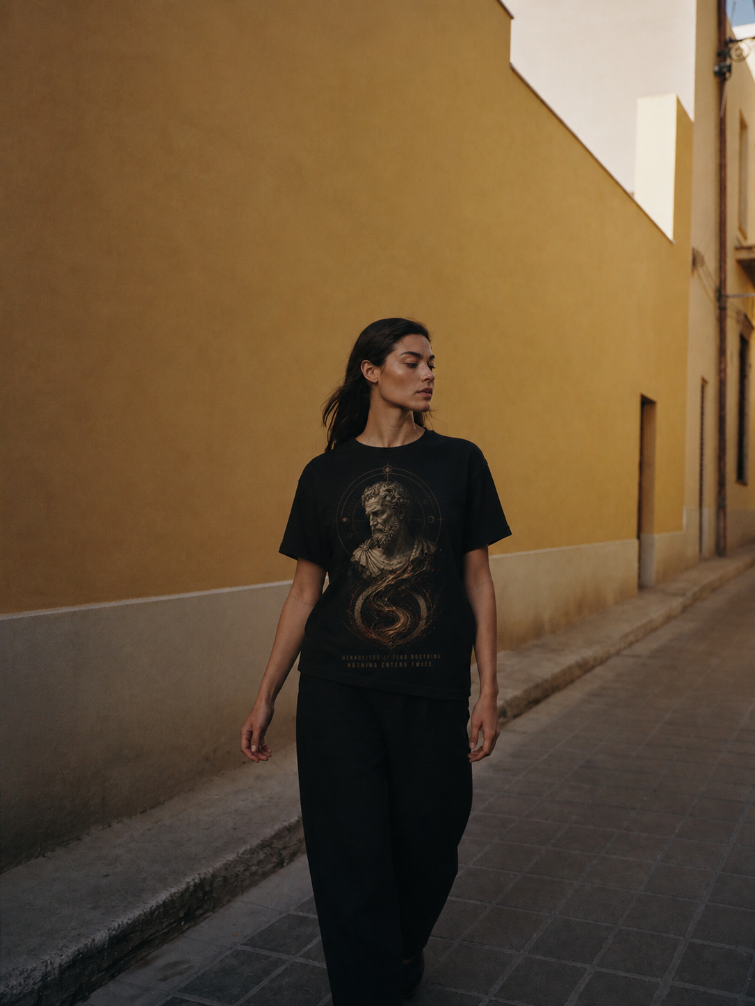 Heraclitus Flux Doctrine black T-shirt — female Athens lifestyle shot 04