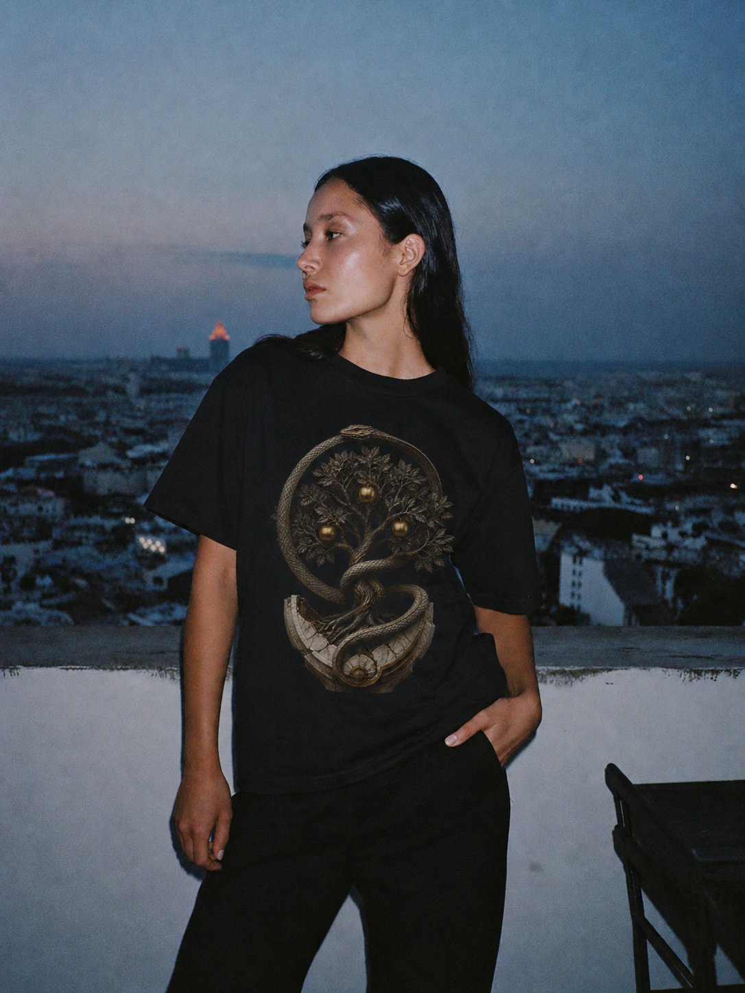 Hesperides Golden Orchard black T-shirt — female Athens lifestyle shot 04