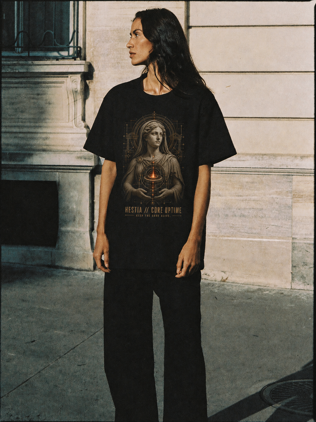 Hestia Core Uptime black T-shirt — female Athens lifestyle shot 04