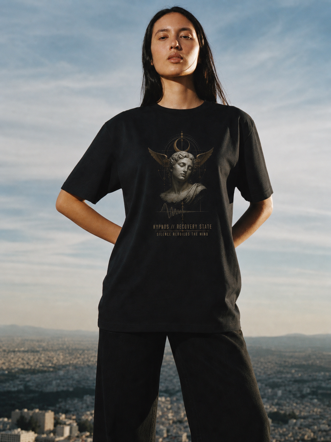 Hypnos Recovery State black T-shirt — female Athens lifestyle shot 04