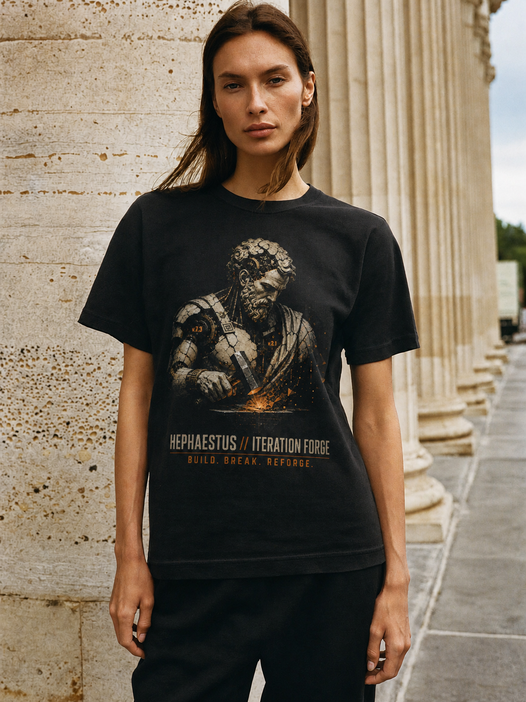 Hephaestus Iteration Forge black T-shirt — female Athens lifestyle view 2
