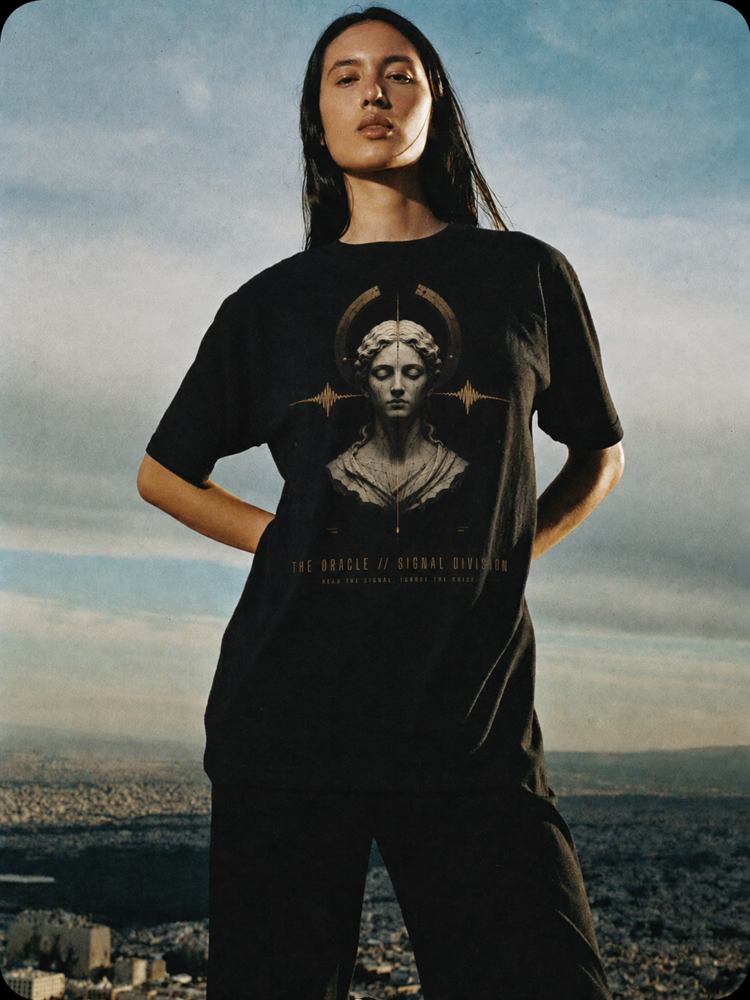 The Oracle Signal Division black T-shirt — female Athens lifestyle view 2